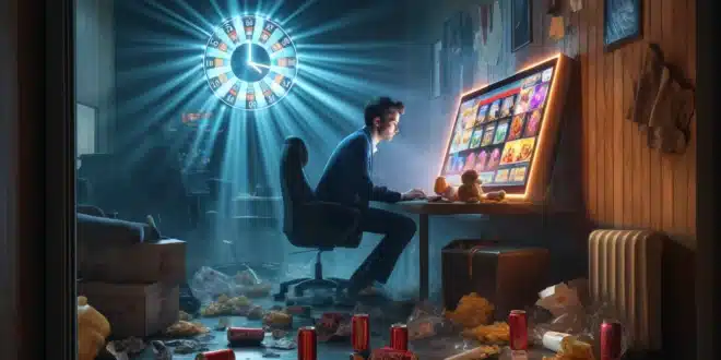 Sanal kumar bağımlılığı nedeniyle bilgisayar başında vakit geçiren kişinin sembolik görseli